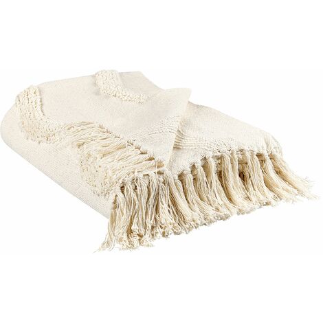Decke Baumwolle beige 125 Überwurf Khari 150 mit cm Wohndecke Fransen x Modern