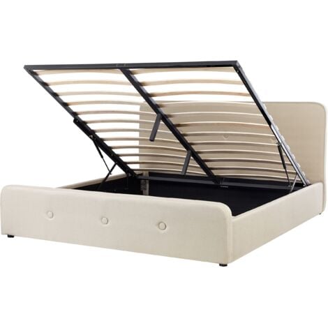 Polsterbett Beige 180 x 200 cm Doppelbett Hochklappbar Bettkasten Knopfverzierung Elegant Modern – Beige