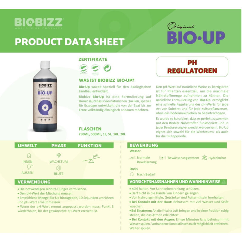 BioBizz Grow Bio-Up pH-Regulator 250 ml Pflanzendnger Dnger