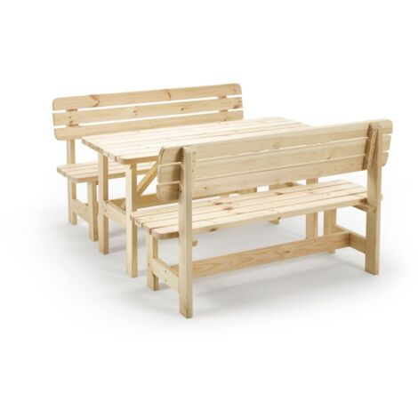 iWerk Massivholzgarnitur Kiefer natur 3-teilig Tisch und Bank Set