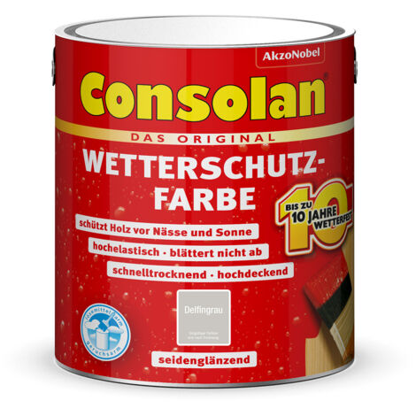 Consolan Wetterschutzfarbe, Deckender Holzschutz für Außen, Delfingrau, 2,5 l
