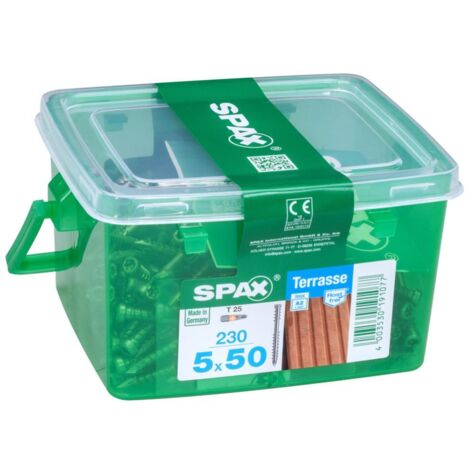 Packung mit 230 Edelstahlschrauben mit SPAX Torx-Zylinderkopf, Durchmesser 5 mm x Länge 50 mm SPAX