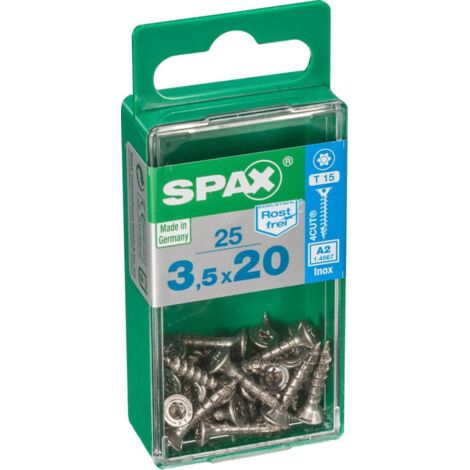 Schachtel mit 25 Einheiten Spax-Holzschrauben mit flachem Edelstahlkopf A2 3,5 x 20 mm Spax