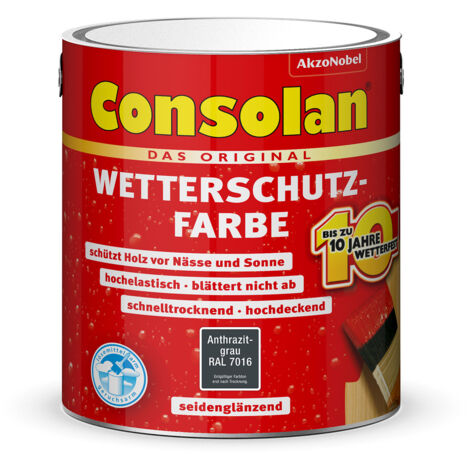 Consolan Wetterschutzfarbe, Deckender Holzschutz für Außen, Anthrazitgrau, 2,5L