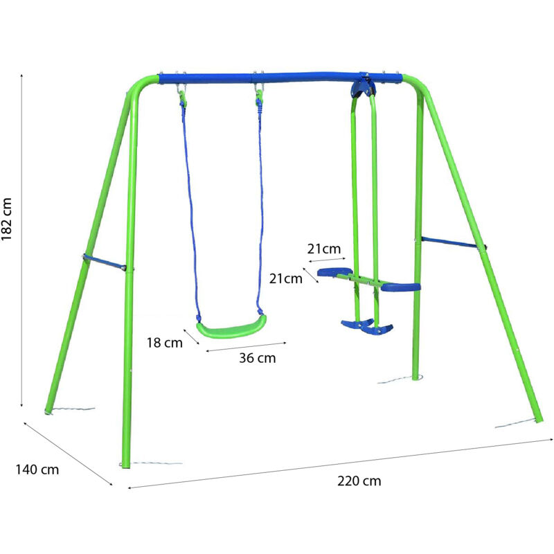 Altalena Due Posti per Bambini da Giardino + 3 Anni in Metallo Outdoor Toys  220x138x182 cm Supporta fino a 45 kg