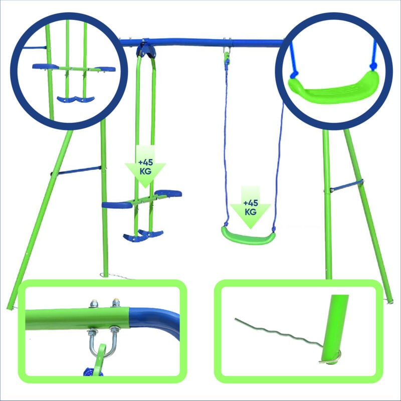 Altalena Due Posti per Bambini da Giardino + 3 Anni in Metallo Outdoor Toys  220x138x182 cm Supporta fino a 45 kg