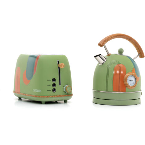 Pack Tostapane Kaito con Doppia Fessura Extra Ampia e Bollitore Nara Colore Verde Floreale Opaco con Design Retro Vintage