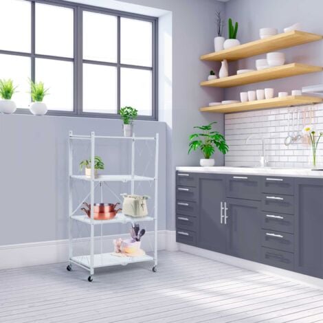 Scaffale Metallico Pieghevole Catter House Kim 122 71,5x36x122,5 cm Colore Bianco con Ruote e 4 Ripiani Supporta fino a 160 kg