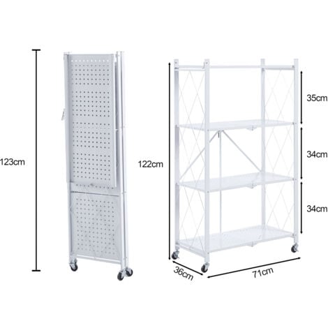Scaffale Metallico Pieghevole Catter House Kim 122 71,5x36x122,5 cm Colore Bianco con Ruote e 4 Ripiani Supporta fino a 160 kg