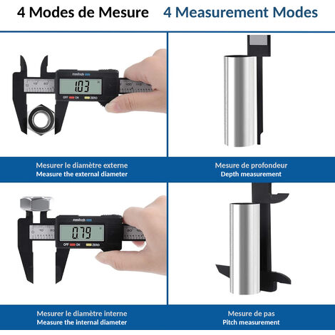 Gvolatee Pied a Coulisse Digital, Pied à Coulisse Numérique en Fibre de  Carbone de 150 mm / 6 Avec Écran LCD Transparent et Batterie de Secours  pour les Mesures Externes, Profondeur et