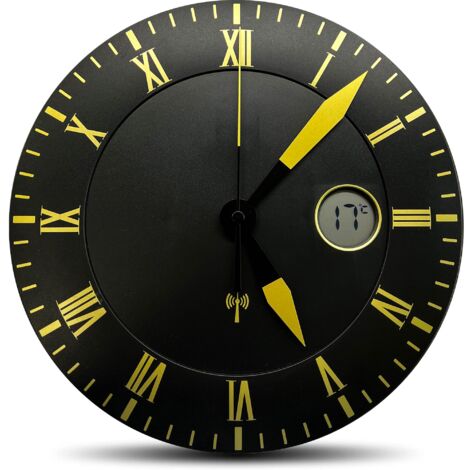 Fishtec – Horloge murale dorée 25,4 cm – Chiffres romains – Affichage température LCD – Design élégant pour décoration intérieure