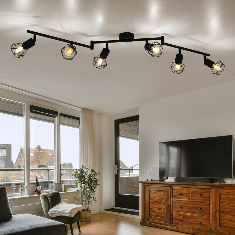 Plafonnier 3 Spots Noir Et Bois - Spots Orientables 350°/90° - Douille E14 (max 40W) - Pour Cuisine, Salon, Chambre - Sans Ampoules