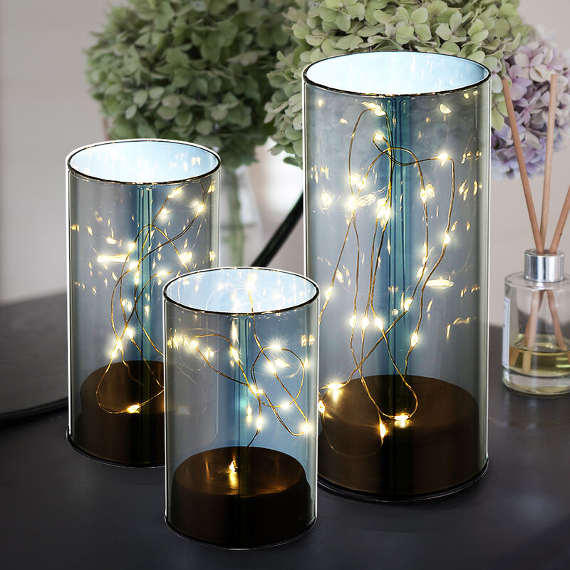 Lampes de table lampe décorative en verre fumé lanterne en verre LED,  interrupteur minuterie, piles, blanc