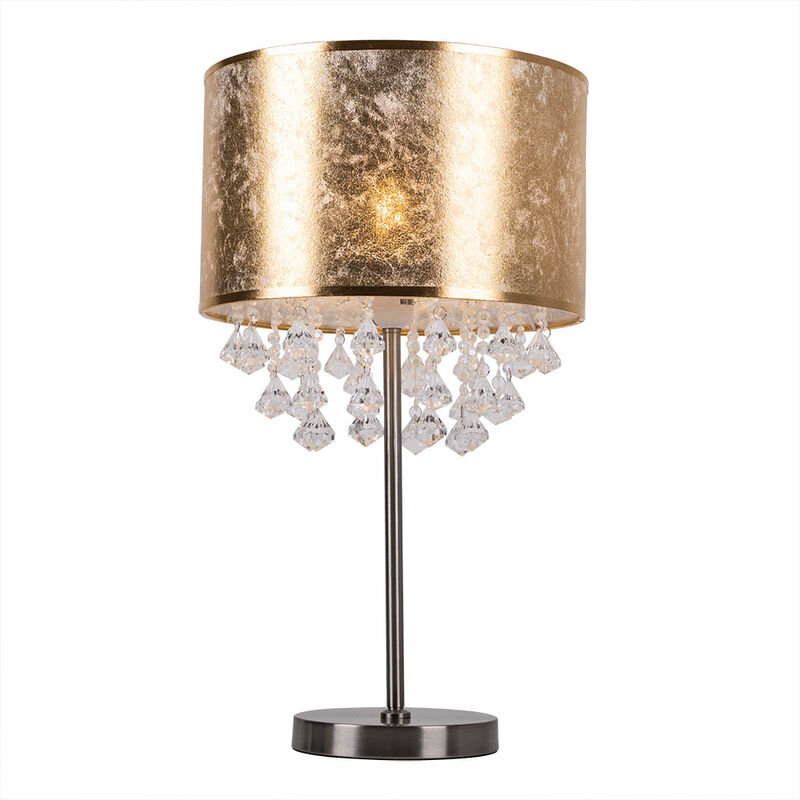 Lampe de table lampe cristal lampe liseuse lampe de chambre, décor cristal  abat-jour clair feuille d'or nickel mat, 1x douille E27, DxH 32x56 cm