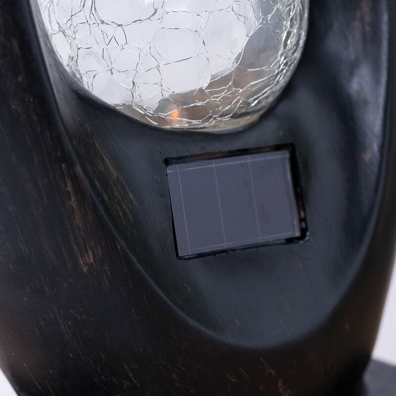 Lampe solaire pour décoration de jardin extérieur lampe de terrasse sol extérieur  lampe solaire extérieur debout, avec effet flamme, sculpture noire, boule  de verre craquelé, 1x LED 3000K, LxH 25,5x45 cm