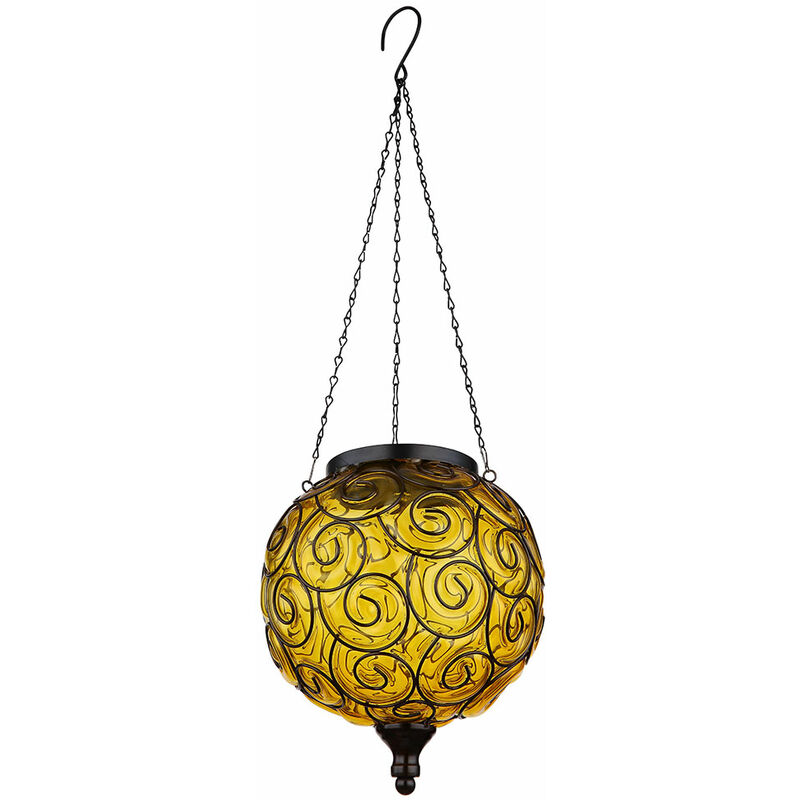 Lampes solaires pour l'extérieur, suspension, décoration de jardin pour l' extérieur, suspension, balcon, verre antique, batterie IP44 métal noir  ambre, 1x LED 6000K, DxH 20x61cm