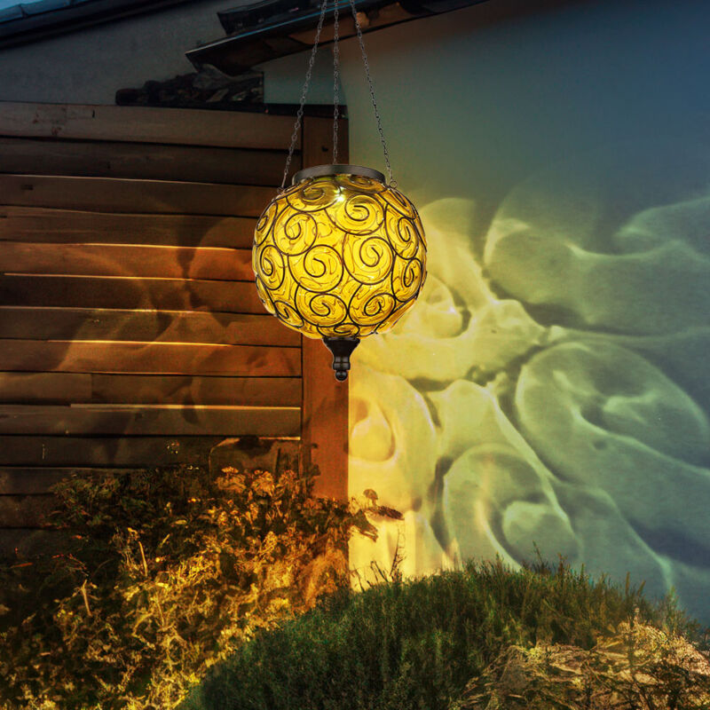 Lampe solaire suspension lumière décoration de jardin LED patio lumière  ronde extérieur lumière suspension en forme de boule, décorations en métal  noir ambre, DxH 14,5x37 cm, lot de 2