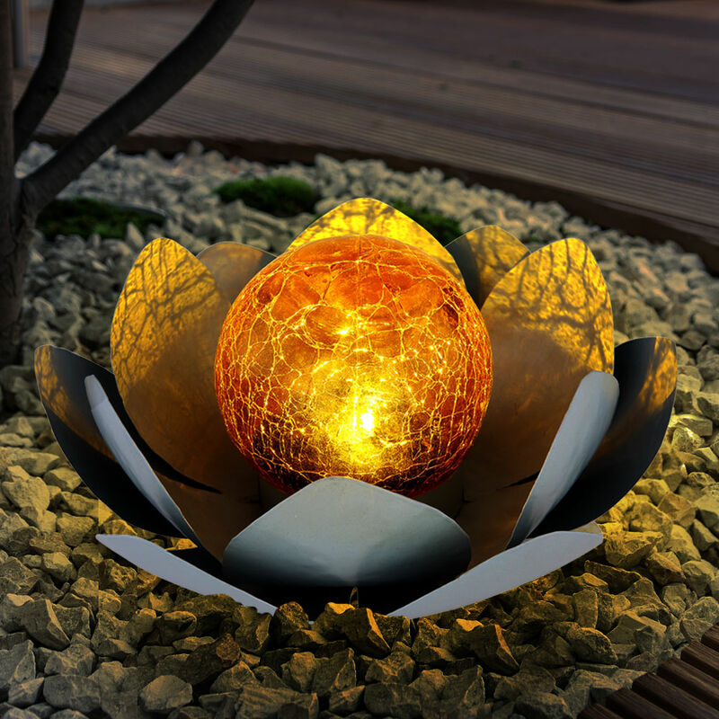 Asie jardin fleur de lotus décoration fleur de lotus solaire pour extérieur  jardin lumière décoration lumières, verre craquelé métal feuilles gris, 1x  LED, D 25 cm, lot de 3