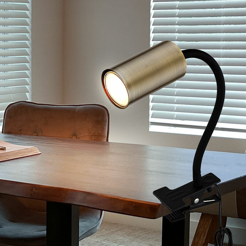 Lampe de bureau à pince col de cygne lampe de lecture pince de lit pince  lampe de bureau, plastique métal laiton antique, 1x GU10, LxPxH 29x10x41,5  cm