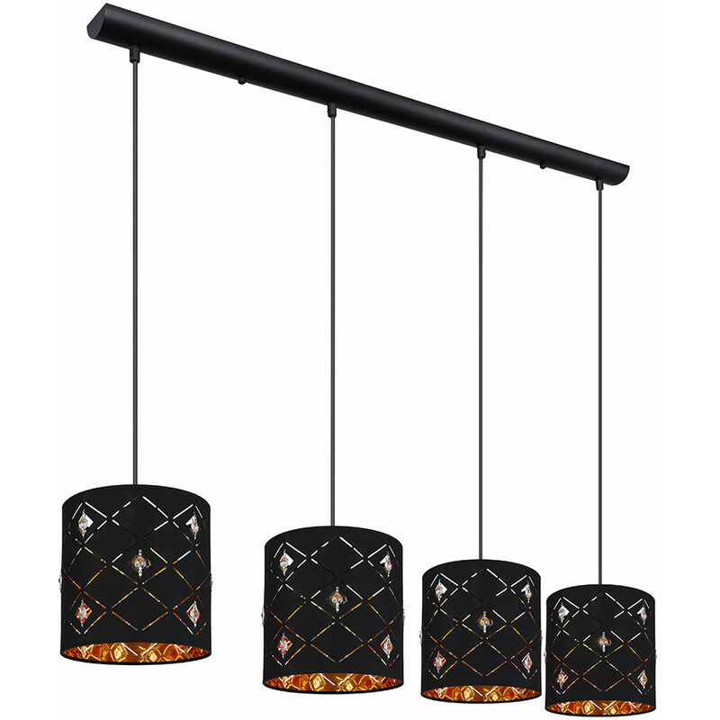 Plafonnier salle à manger suspendu or noir salon suspendu lampe suspendue  table à manger, 3 perforations lumineuses, métal textile, 3x LED 7W 806Lm  2700K, LxlxH 65x25x140 cm
