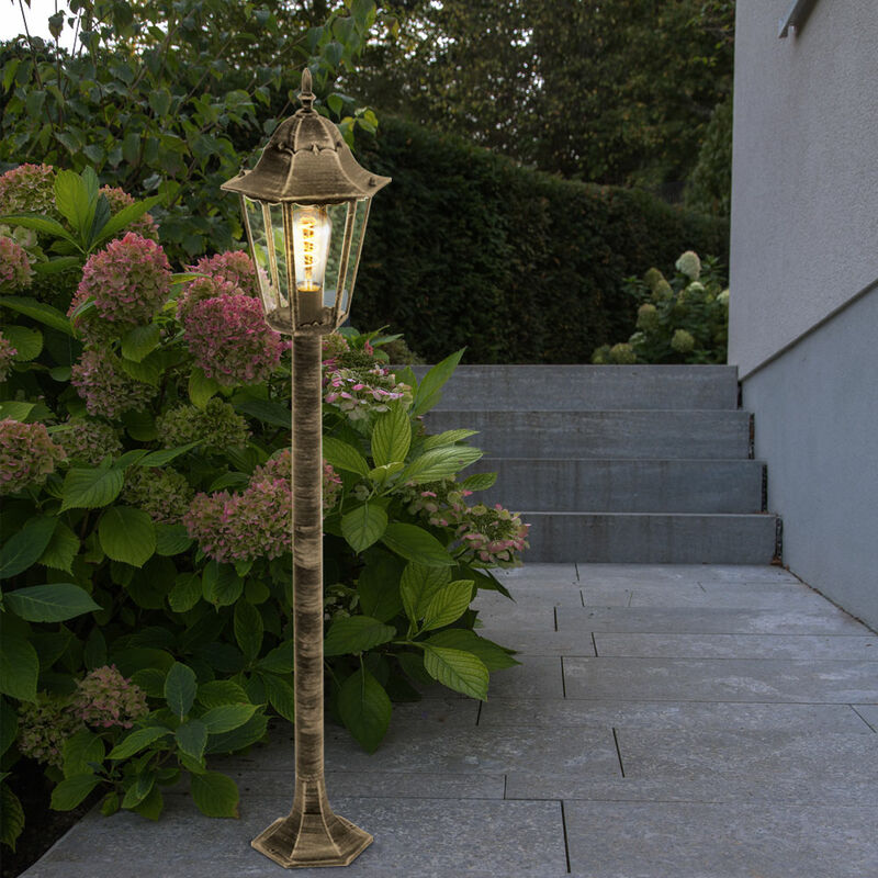 Lampe d'extérieur, lampadaire, moderne, aspect bois, lampe de terrasse,  maison de campagne, verre en acier inoxydable, noir, E27, LxlxH 9x14,5x100  cm