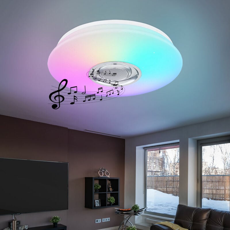 Plafonnier LED plafonnier salon avec effet arc-en-ciel Enceinte Bluetooth  CCT RGB télécommande, effet étoile, métal plastique, 1x LED 18W 1450 lumen  2700-6500K, D 39 cm