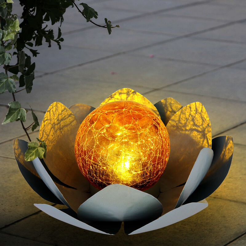 Lampe solaire Asie jardin décoration fleur de lotus Fleur de lotus solaire  pour décoration de jardin extérieur lumières, feuilles de métal en verre  craquelé argent, 1x LED, D 25 cm