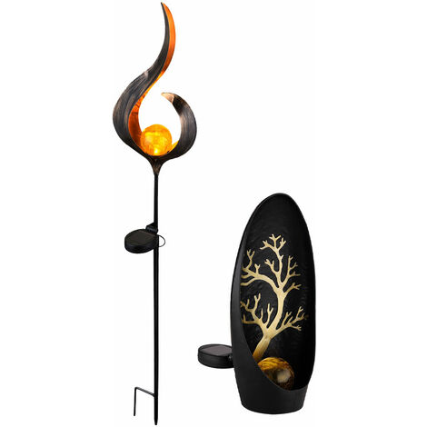 Lampe solaire, lampe décorative, lumière extérieure, lampe solaire à brancher, lampe de jardin, solaire, verre métallique, 1x flamme, 1x motif arbre, ampoules LED, lot de 2