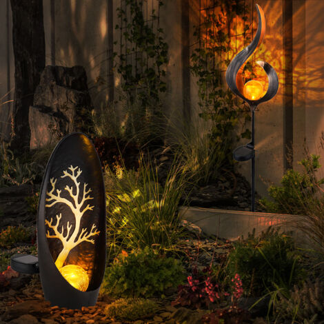 Lampe solaire, lampe décorative, lumière extérieure, lampe solaire à brancher, lampe de jardin, solaire, verre métallique, 1x flamme, 1x motif arbre, ampoules LED, lot de 2