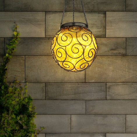 Lampe solaire suspension lumière décoration de jardin LED patio lumière  ronde extérieur lumière suspension en forme de boule, décorations en métal  noir ambre, DxH 14,5x37 cm, lot de 2
