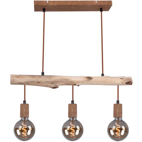 Suspension bois lampe de table à manger cuisine suspension rétro plafonnier vintage suspension 3 flammes, métal bois couleur rouille, 3x E27, LxlxH 60x8,5x140 cm