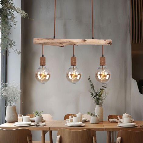 Suspension bois lampe de table à manger cuisine suspension rétro plafonnier vintage suspension 3 flammes, métal bois couleur rouille, 3x E27, LxlxH 60x8,5x140 cm