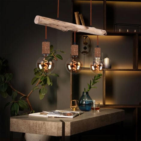 Suspension bois lampe de table à manger cuisine suspension rétro plafonnier vintage suspension 3 flammes, métal bois couleur rouille, 3x E27, LxlxH 60x8,5x140 cm