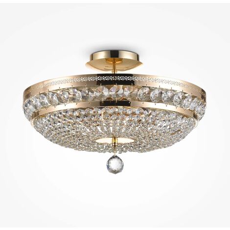 Plafonnier, plafonnier, lampe en cristal, lampe de salon, métal, or, L 43,5 cm