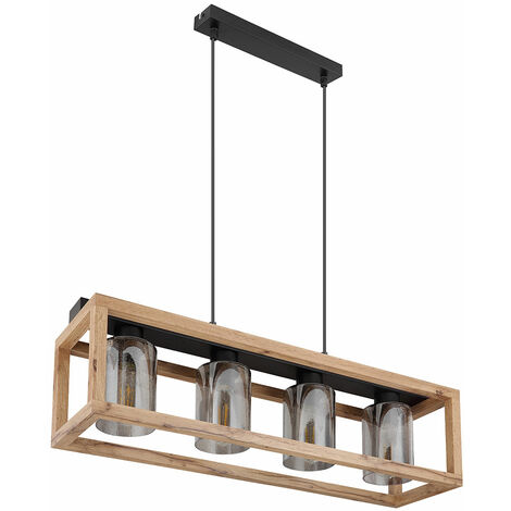 Suspension lampe suspension lampe de salle à manger lampe de salon, métal verre aspect bois fumée, 4xE27, H 120 cm
