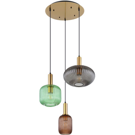 Globo – Suspension rétro laiton 3 abat-jour en verre fumée et café – Hauteur ajustable 130 cm – Douilles E27 – Pour ampoules personnalisées