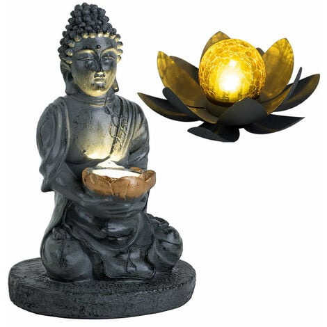 Lampe solaire d'extérieur Bouddha Feng Shui fleur solaire d'extérieur fleur de lotus verre craquelé solaire, gris, ampoules LED, 1x lotus 1x bouddha, lot de 2