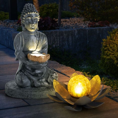 Lampe solaire d'extérieur Bouddha Feng Shui fleur solaire d'extérieur fleur de lotus verre craquelé solaire, gris, ampoules LED, 1x lotus 1x bouddha, lot de 2