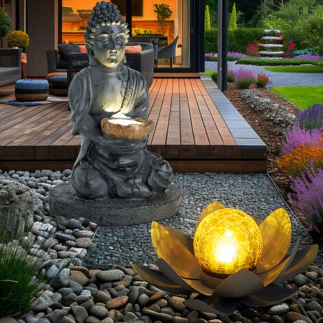 Lampe solaire d'extérieur Bouddha Feng Shui fleur solaire d'extérieur fleur de lotus verre craquelé solaire, gris, ampoules LED, 1x lotus 1x bouddha, lot de 2