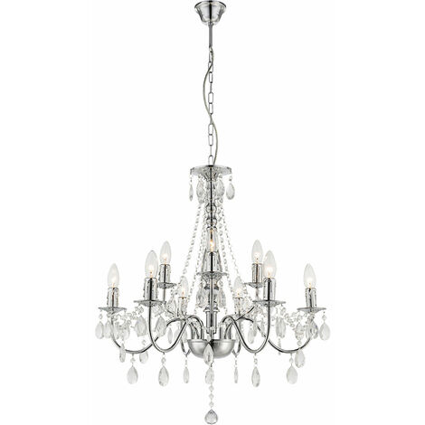 Suspension lustre lustre lampe salon lumière, 9 flammes, métal chromé classique, 9x douilles E14, DxH 63x153 cm