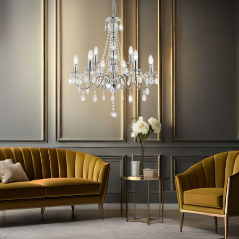 Suspension lustre lustre lampe salon lumière, 9 flammes, métal chromé classique, 9x douilles E14, DxH 63x153 cm