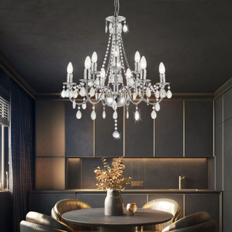 Suspension lustre lustre lampe salon lumière, 9 flammes, métal chromé classique, 9x douilles E14, DxH 63x153 cm