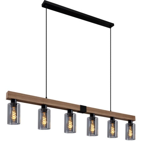 Lampe à suspension suspension aspect bois lampe de table à manger 6 flammes salon, verre fumé métal noir, 6x E27, LxH 140x120 cm