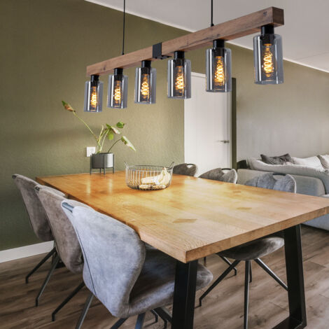 Lampe à suspension suspension aspect bois lampe de table à manger 6 flammes salon, verre fumé métal noir, 6x E27, LxH 140x120 cm