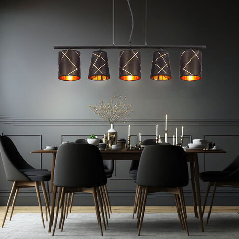 Suspension table à manger suspension or noir 5 flammes lampe de salle à manger E14 lampe de salon suspendue moderne, avec des lignes décoratives dorées, 5x E14, LxH 90x140 cm (1/5)