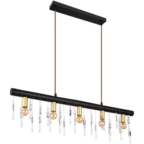 Suspension lampe suspendue bois salle à manger lumière cristaux de verre, métal noir clair, 5x douilles E14, LxPxH 90x6x120 cm