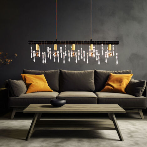 Suspension lampe suspendue bois salle à manger lumière cristaux de verre, métal noir clair, 5x douilles E14, LxPxH 90x6x120 cm