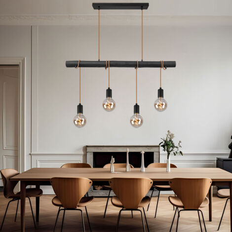 Suspension, suspension, 4 flammes, table à manger, lampe en bois, lampe de salon, métal, noir, 4x douilles E27, LxlxH 90x6x120 cm