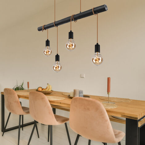 Suspension, suspension, 4 flammes, table à manger, lampe en bois, lampe de salon, métal, noir, 4x douilles E27, LxlxH 90x6x120 cm