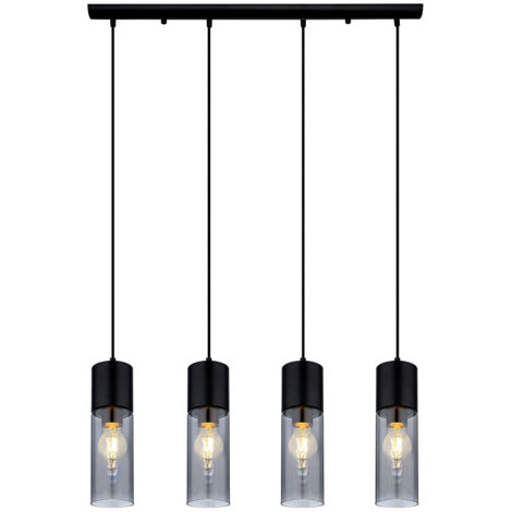 Lampe suspendue lampe de salle à manger lampe de salon lampe de cuisine, 4 flammes, verre métal noir fumé, E27, H 156 cm